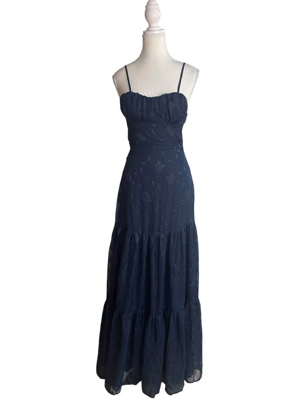 Lulus Poised Grace Spaghetti Strap Bustier Tiered Burnout Floral Maxi Dress Blue